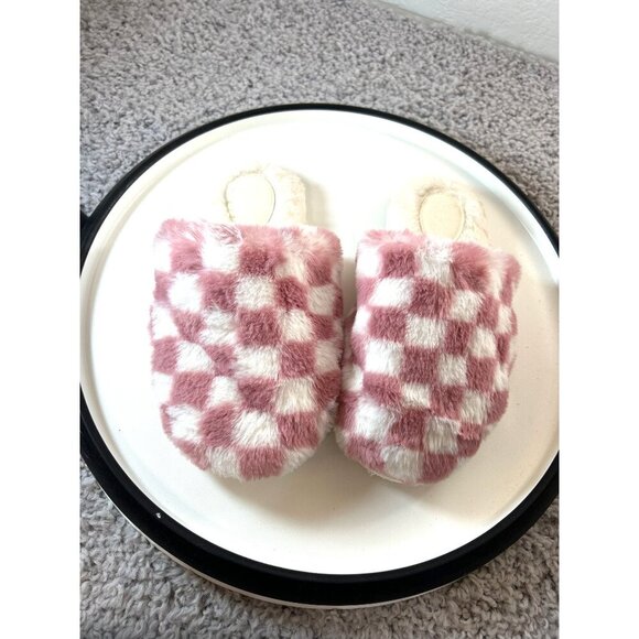 Cat & Jack Girls Slippers White/Pink Checked Size M 2-3 - Picture 1 of 8